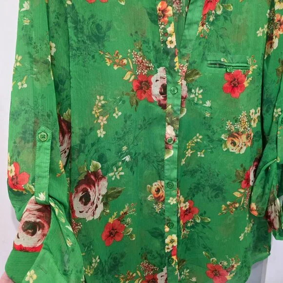 Kut From The Kloth Green Floral Button Up Blouse Women’s Large Sheer - Picture 3 of 6